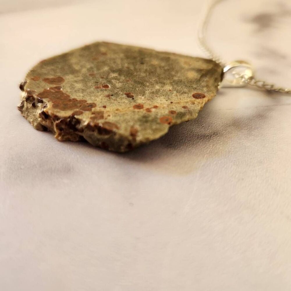Womens smooth stone rough edge rock silver long chain earth jasper green brown - Picture 3 of 4